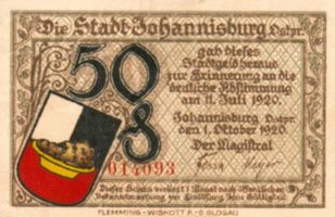 Johannisburg, Kreis Johannisburg Johannisburg, Stadtgeld, 50, Vorderseite Johannisburg (Kreis), nicht verortete Bildmotive