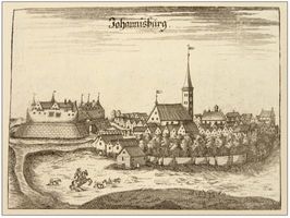 Johannisburg, Kreis Johannisburg Johannisburg, Kupferstich farbig, Gesamtansicht Johannisburg (Kreis), nicht verortete Bildmotive