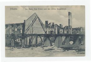 Schloßberg, Kreisstadt, Kreis Schloßberg Pillkallen, Kreisstadt, Kriegszerstörungen am Markt, Ecke Triebel Erster Weltkrieg