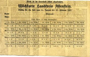 Allenstein, Stadtkreis Allenstein Allenstein, Milchkarte für den Landkreis Алленштайн, молочная карточка для сельского района