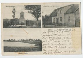 Grundensee, Kreis Lötzen Czarnowken Kr. Lötzen, Kriegerdenkmal, Gasthaus, Gesamtansicht 