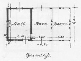  4 Bauzeichnungen einer Stallscheune für 6 Morgen in Seitenansichten und Draufsichten mit Maßen Bl. 2 - Grundriss Bauzeichnungen für Neubauten von Gehöften durch Ostpreußische Landgesellschaft m.b.H., Königsberg