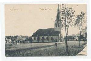Schloßberg, Kreisstadt, Kreis Schloßberg Pillkallen Kr. Schlossberg, Partie am Markt, Kirche 