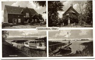 Schmidtsdorf, Kreis Sensburg Schimonken, Gasthaus Julius Babst, Kriegerdenkmal an der Kirche, Kanalbrücke, Großer Henselsee 