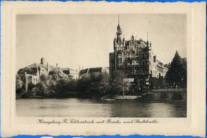 Königsberg (Pr.), Stadtkreis Königsberg Königsberg (Pr.), Schloßteich mit Brücke und Stadthalle, Original-Gravüre Königsberg, Stadthalle