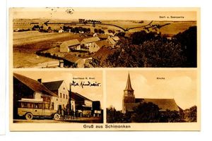 Schmidtsdorf, Kreis Sensburg Schimonken, Ortsansicht und Seenpartie, Gasthaus R. Krell, Kirche 
