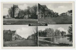 Widminnen, Kreis Lötzen Widminnen, Kirche, Marktplatz, Lycker Straße, Seepartie Видминнен, церковь, рыночная площадь, Лыкская улица, вид озера