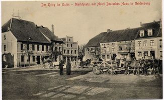 Neidenburg, Stadt, Kreis Neidenburg Großer Markt Neidenburg, Marktplatz mit Hotel Deutsches Haus Найденбург, рыночная площадь с отелем «Немецкий дом»
