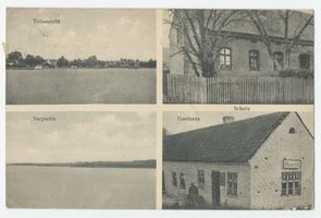 Pilchen, Kreis Johannisburg Pilchen, Teilansicht, Schule, Seepartie, Gasthaus 