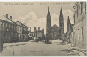 Schirwindt, Stadt, Kreis Schloßberg Schirwindt, Kriegszerstörungen Pillkaller Straße mit Immanuelkirche 