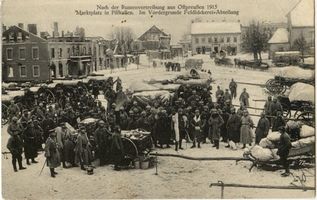 Schloßberg, Kreisstadt, Kreis Schloßberg Pillkallen, Kreisstadt, Zerstörter Marktplatz mit Feldbäckerei-Abteilung Erster Weltkrieg