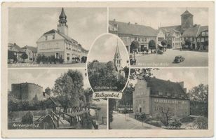 Heiligenbeil, Kreis Heiligenbeil Heiligenbeil, Markt mit Rathaus u. evgl. Kirche, kath. Kirche, Partie am Jarftfluß, Wermkestr. u. Amtsgericht Хайлигенбайль, рынок с ратушей и евангелической церковью, католическая церковь, место у реки Ярфт, Вермкештрассе и суд