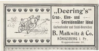 Königsberg (Pr.), Stadtkreis Königsberg Koggenstraße 30 Königsberg (Pr.), Koggenstraße, Gras-, Klee- und Getreidemäher, B. Malkwitz & Co. Königsberg, Anzeigen