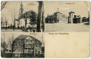 Ebenrode, Stadt, Kreis Ebenrode Stallupönen, Kirche und Pfarrhaus; Goldaper Tor; Reichsbank 