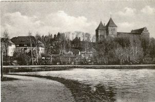 Neidenburg, Stadt, Kreis Neidenburg Neidenburg, Blick vom Schloßteich auf das Schloß Neidenburg, Schloß