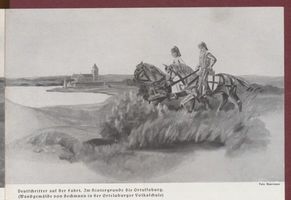 Ortelsburg, Stadt, Kreis Ortelsburg Ortelsburg, Deutschritter auf der Fahrt.Im Hintergrund die Ortulfsburg, Wandgemälde von Beckmann in der Volksschule