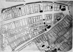Tilsit, Stadt, Stadtkreis Tilsit Tilsit, Stadtplan (Innenstadt mit Rathaus, Deutscher Kirche und Umgebung sowie Nummerierung der Grundstücke) 1805