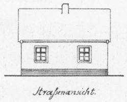 6 Bauzeichnungen eines Wohnhauses für 6 Morgen in Seitenansichten und Draufsichten mit Maßen Bl. 1 - Straßenansicht 6 строительных чертежей жилого дома на 6 моргенов в боковых видах и видах сверху с размерами, лист 1 — уличный фасад