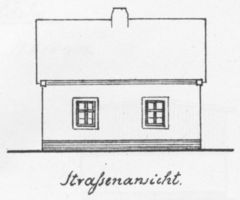 6 Bauzeichnungen eines Wohnhauses für 30-40 Morgen in Seitenansichten und Draufsichten mit Maßen Bl. 3 - Straßenansicht Bauzeichnungen für Neubauten von Gehöften durch Ostpreußische Landgesellschaft m.b.H., Königsberg