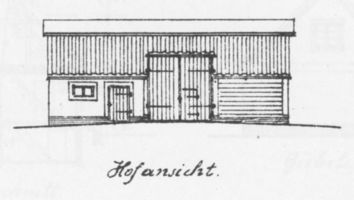 4 Bauzeichnungen einer Stallscheune für 6 Morgen in Seitenansichten und Draufsichten mit Maßen Bl. 2 - Hofansicht Bauzeichnungen für Neubauten von Gehöften durch Ostpreußische Landgesellschaft m.b.H., Königsberg