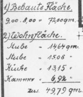 6 Bauzeichnungen eines Wohnhauses für 30-40 Morgen in Seitenansichten und Draufsichten mit Maßen Bl. 3 - Maße und Fläche Bauzeichnungen für Neubauten von Gehöften durch Ostpreußische Landgesellschaft m.b.H., Königsberg