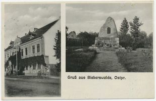 Bieberswalde Kr. Osterode, Kreis Osterode Bieberswalde Kr. Osterode, Gasthof und Kolonialwaren F. W. Settan, Nachf. Inh. Weide und Denkmal Биберсвальде, район Остероде, трактир и колониальные товары Ф. В. Зеттана, наследники, владелец Вайде, и памятник