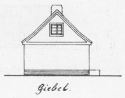 6 Bauzeichnungen eines Wohnhauses für 6 Morgen in Seitenansichten und Draufsichten mit Maßen Bl. 1 - Giebelansicht Bauzeichnungen für Neubauten von Gehöften durch Ostpreußische Landgesellschaft m.b.H., Königsberg